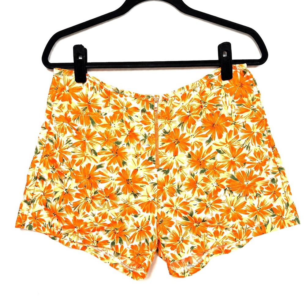Vtg Catalina Tropical Orange Floral Nylon Shorts Sz Large Front Zip Beach Resort
